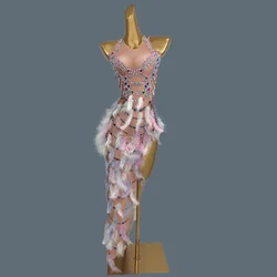 Elegant Feathers Pearls Fancy Long Dress Birthday Party Sexy Gowns Nightclub Prom Stage Show Wear for Women Dance Dress Chuniao