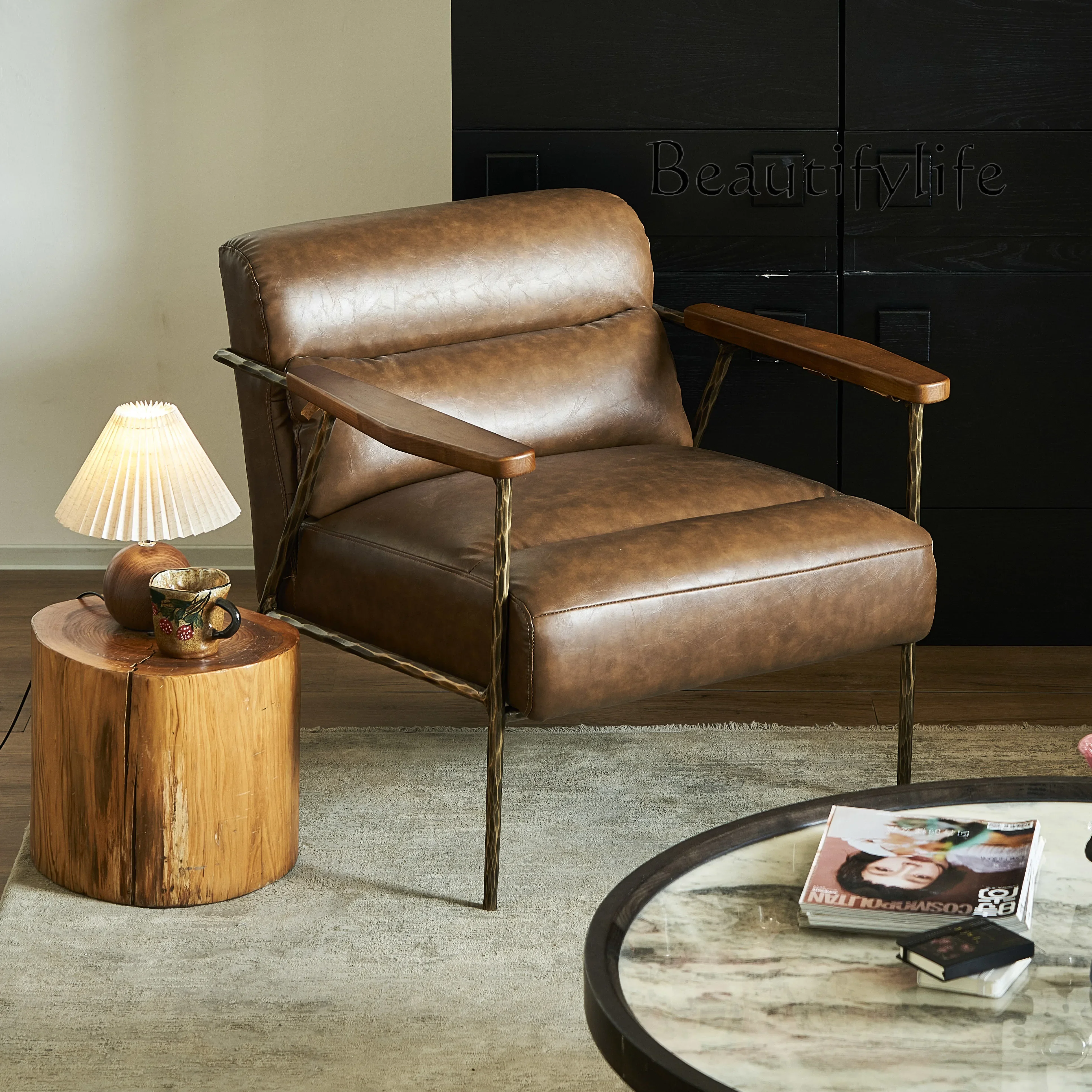 

Medieval solid chair wrought iron leisure retro single leather sofa chair living room reclining chair