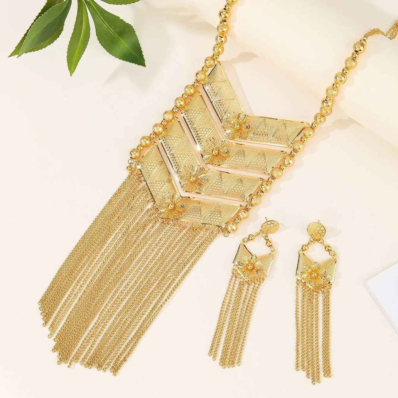 New Dubai 24K Gold Plated Alloy Necklace Earrings for Women's Jewelry Set DD10265 view 3