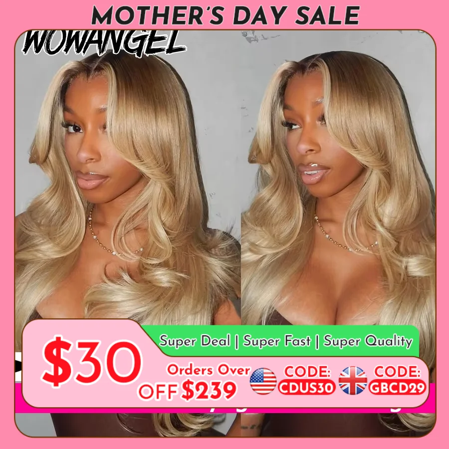 Donkerblonde Highlightpruik van onbewerkt mensenhaar, body wave, 5x5 closure pruik, 13x6 HD kant full frontal pruik, voorgeplukt, lijmloze pruik