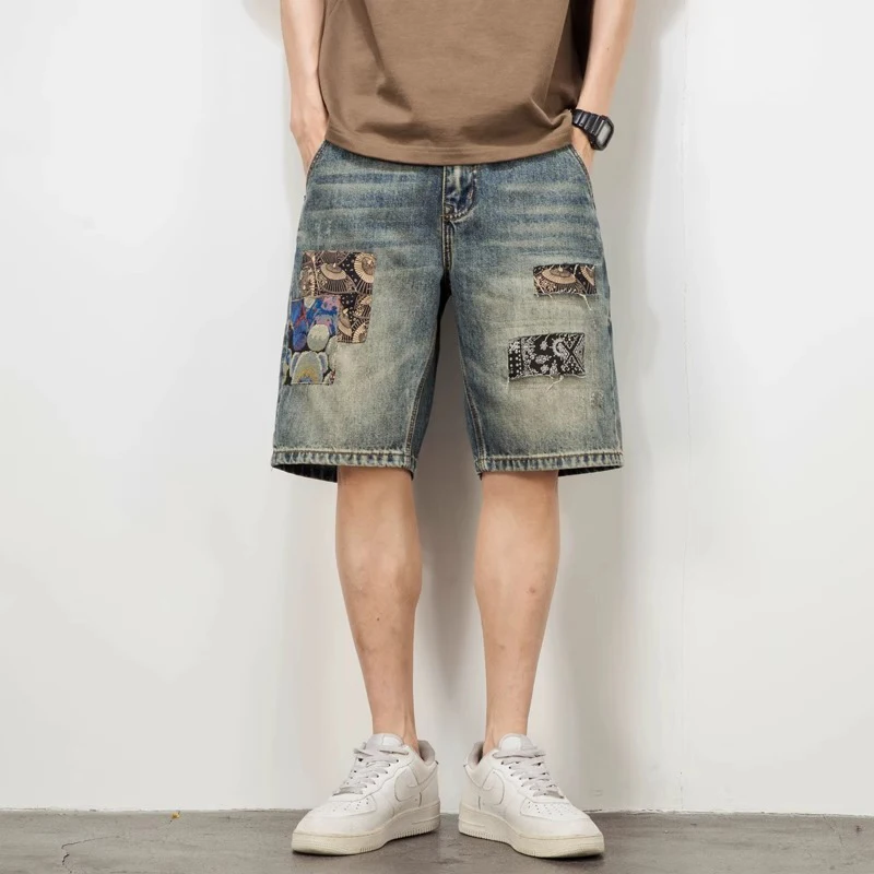 2026 Men American High Street Patchwork Embroidered Denim Shorts Male Summer Vintage Straight Jeans Daily Casual Versatile Pants