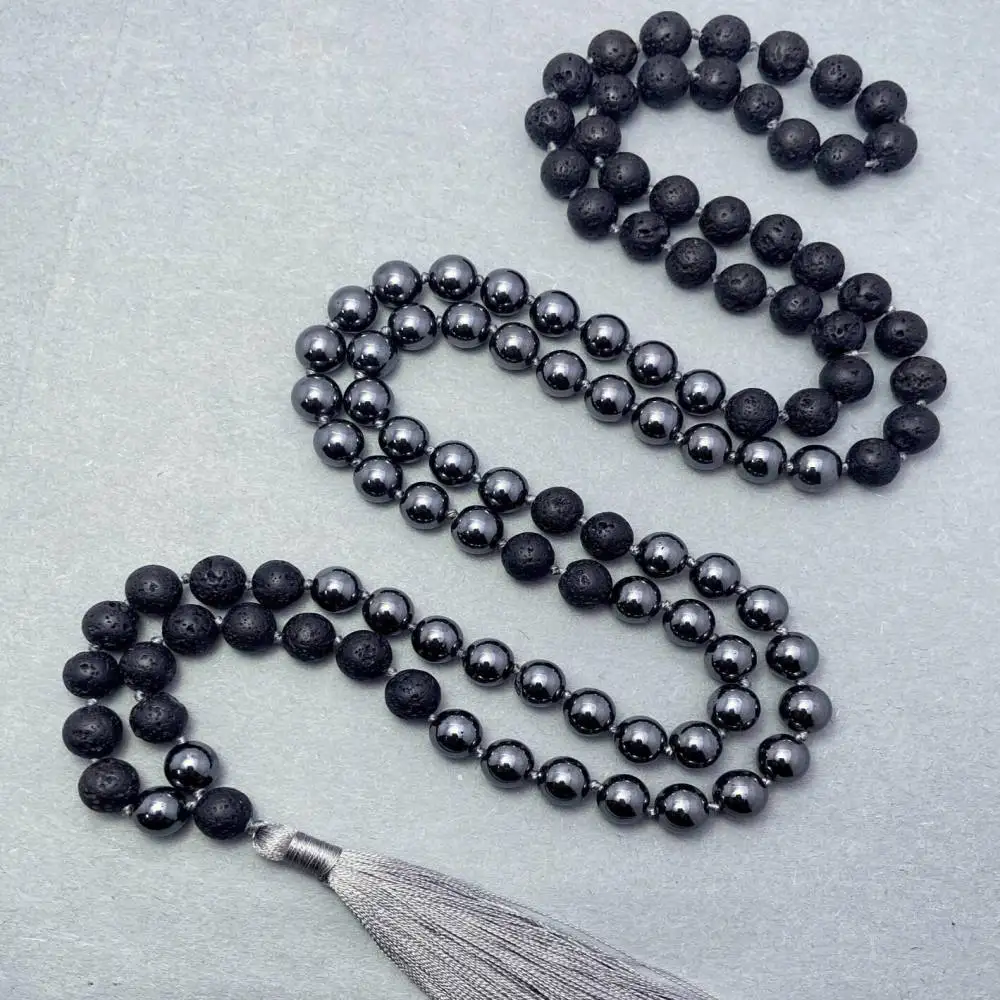 

Natural Hematite & Lava Rock 108 Beads Mala Necklace with Gray Tassel Spiritual Aromatherapy Jewelry