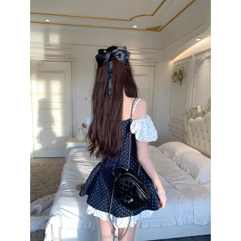 Bella ragazza pizzo impiombato a pois senza spalline mini abito da donna slash neck a-line abiti slim vacanza abito 2025 estate