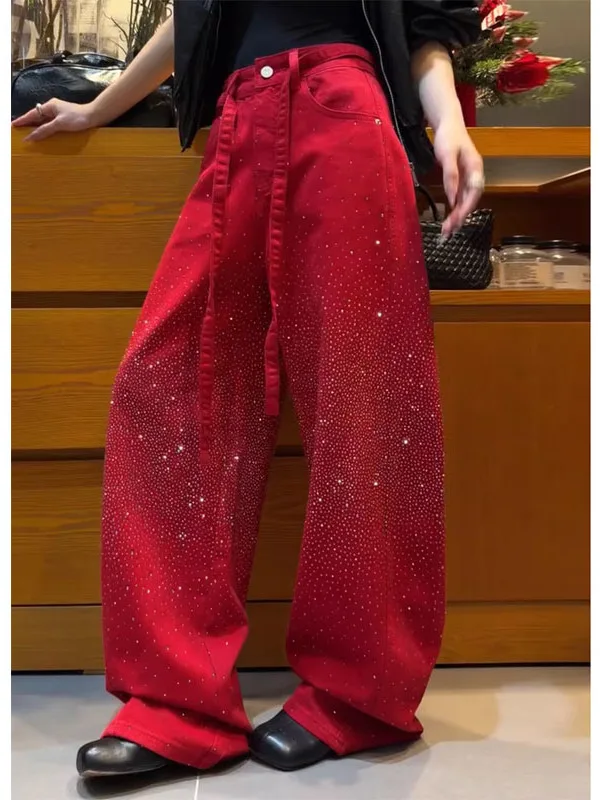 

High Waist Wide Leg Denim Jeans Women's Red Sequin Knife Casual Trousers Spring 2026 New Loose Fit Daily Wear