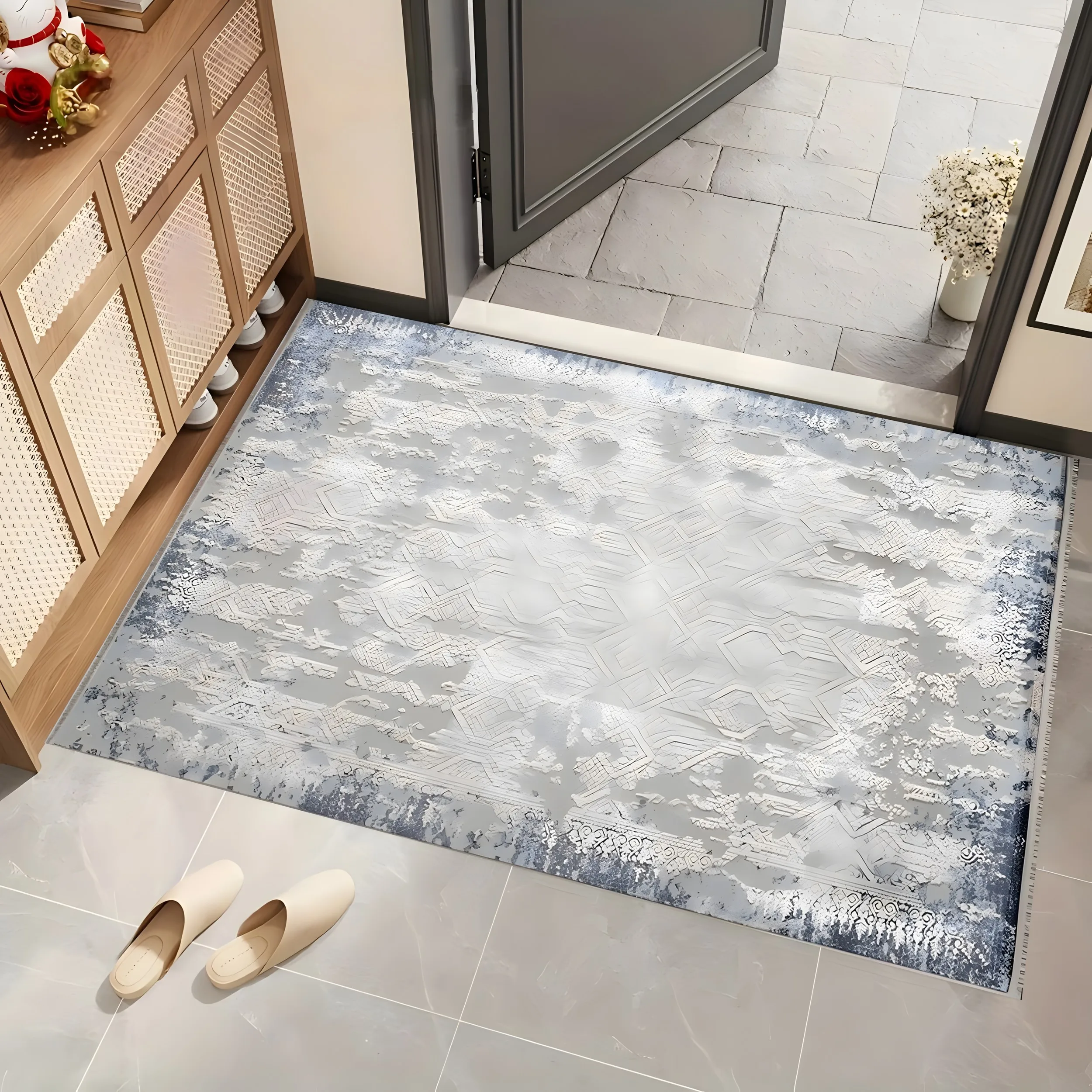 Light Gray Retro Gradient Rug Subtle Diamond Pattern Soft Velvet Living Room Bedroom Carpet