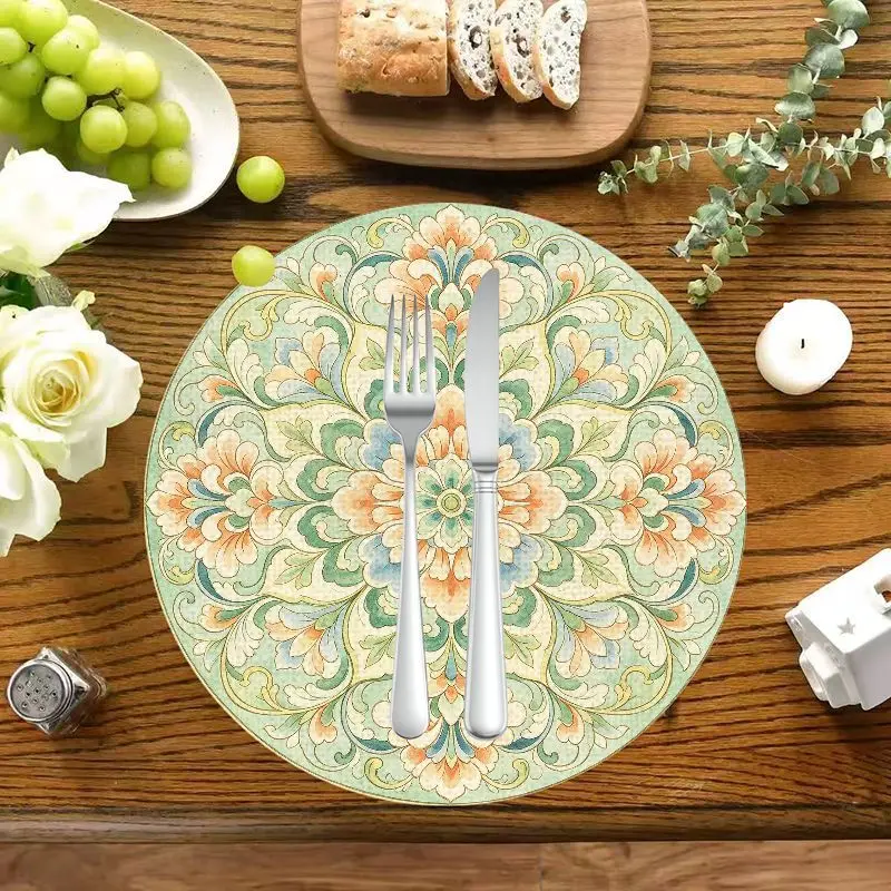 Morandi Light Green Mandala Floral Round Placemats Vintage Pastel Flower Heat Resistant Washable Cottage Kitchen Table Mat