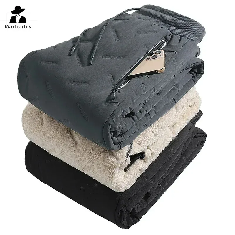 

2025 мужские зимние хлопковые брюки с термофлисовой подкладкой, водонепроницаемые, с карманом на молнии, толстые теплые беговые брюки для бега на открытом воздухе, зимние лыжные брюки