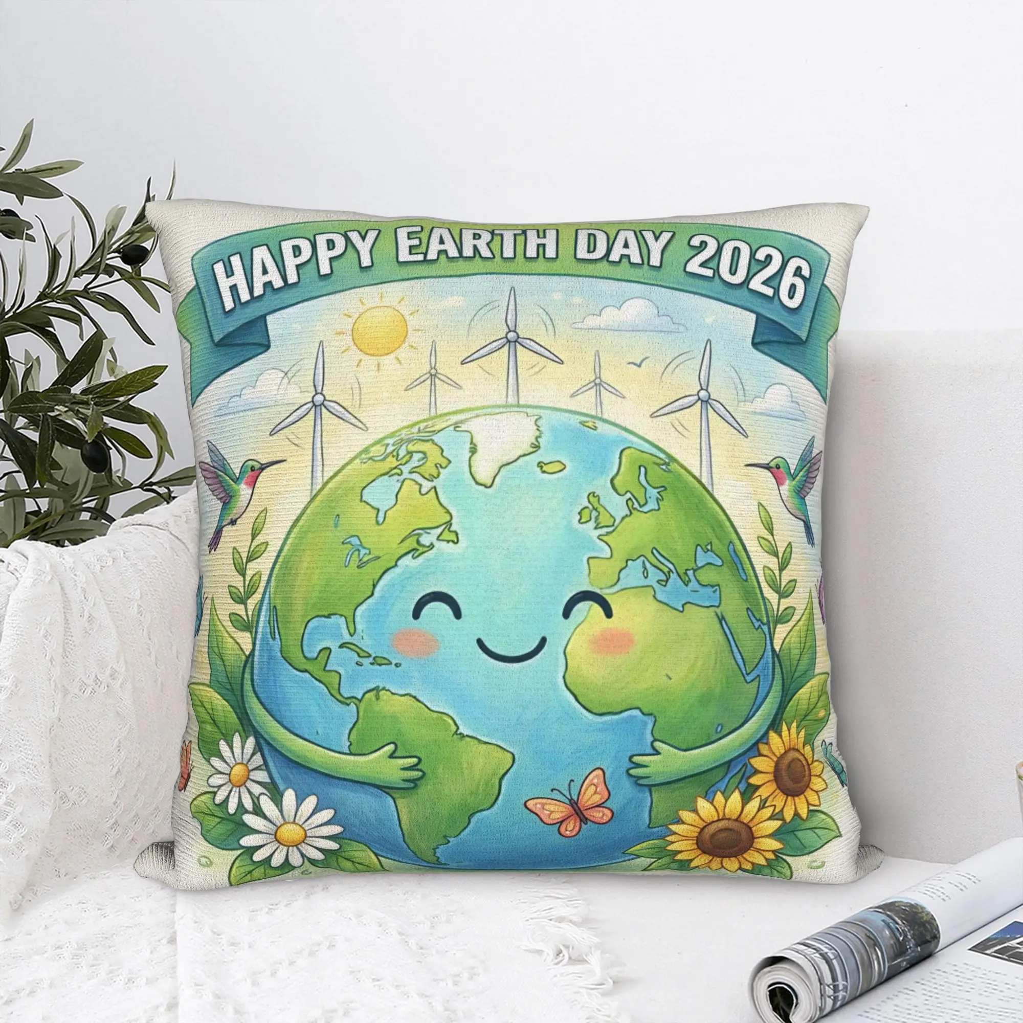 Every Day Earth Day Save Planet Square Pillow Case  Cushion Covers Vintage Zipper Decor Pillowcase for Home 45*45cm
