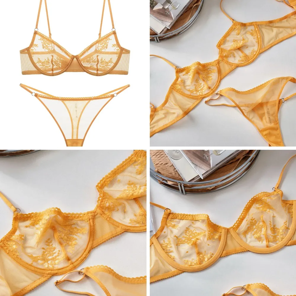 

French Style Embroidered Bra Set, Sexy Push Up & Side Fat Shaping, Yellow-Orange Lingerie