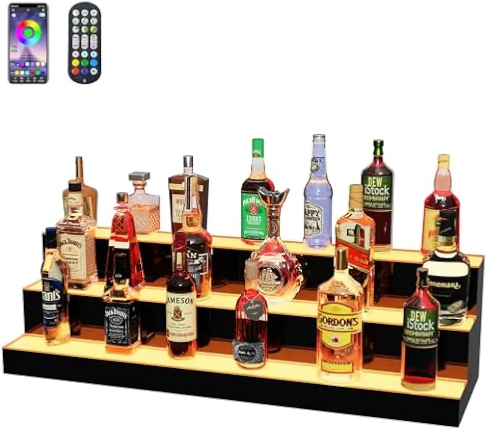 

40-Inch 3-Tier LED Bar Shelf with Remote Control, Multi-Color Lighting for Home Bars and Parties