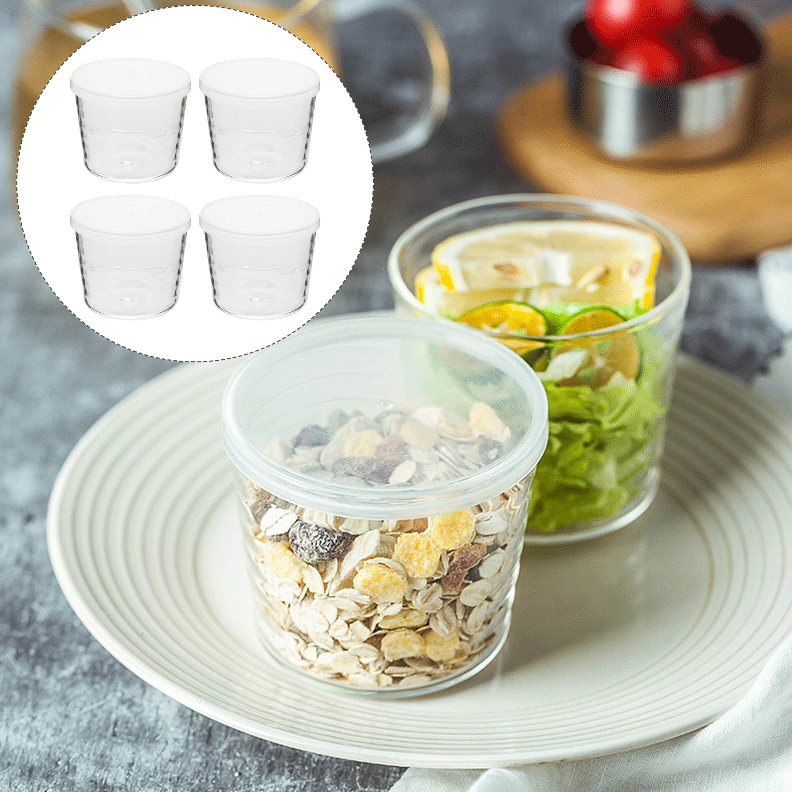 

4pcs Glass Cup 600ml Cold Heat Resistant Leakproof PE Lid Dessert Ice Cream Coffee Water Mug Japanese Style Multipurpose