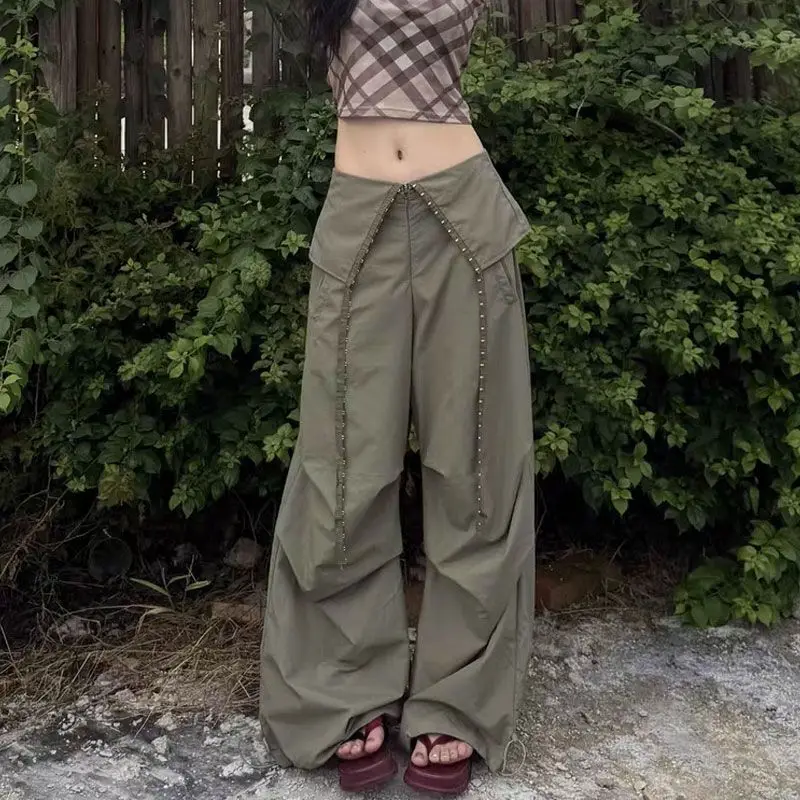 Flanging Y2K Cargo Pants Women Retro Spicy Girl Jazz Dance Baggy Sweatpants Quick Drying Paratrooper Casual Pants Trend Trousers