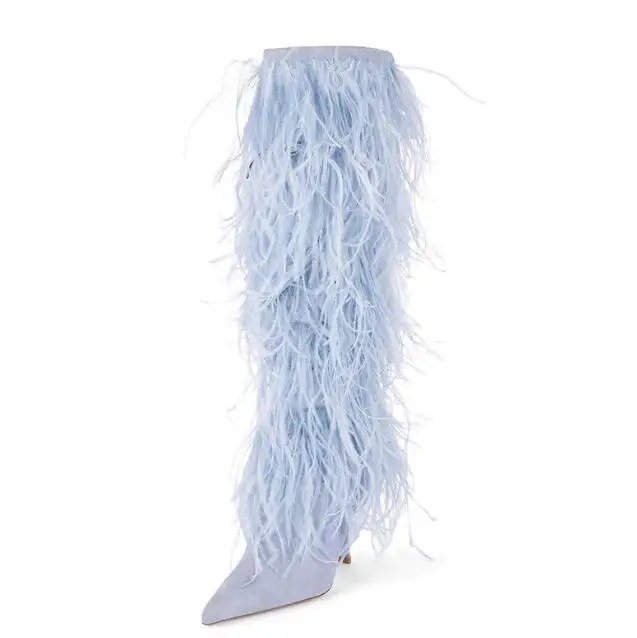 Light blue Suede ostrich Feather Covered Knee Boots Pointed Toe Stiletto high Heels black bandage Fur Long Boots