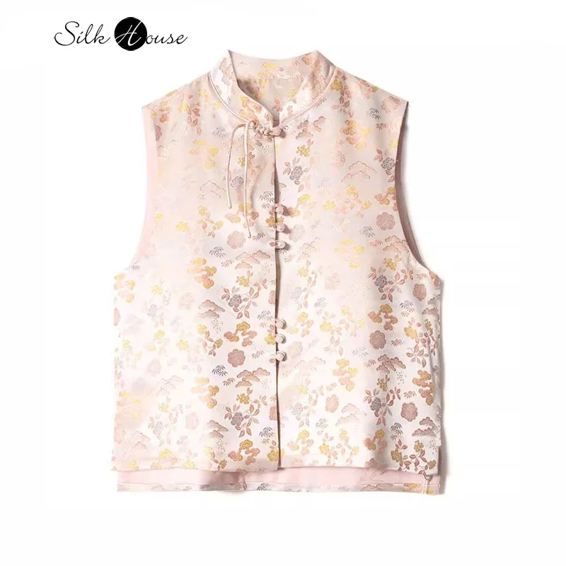 

Auspicious Clouds New Chinese Style Stand Collar 50% Natural Mulberry Silk Song Brocade Jacquard Women's Fashion Vest