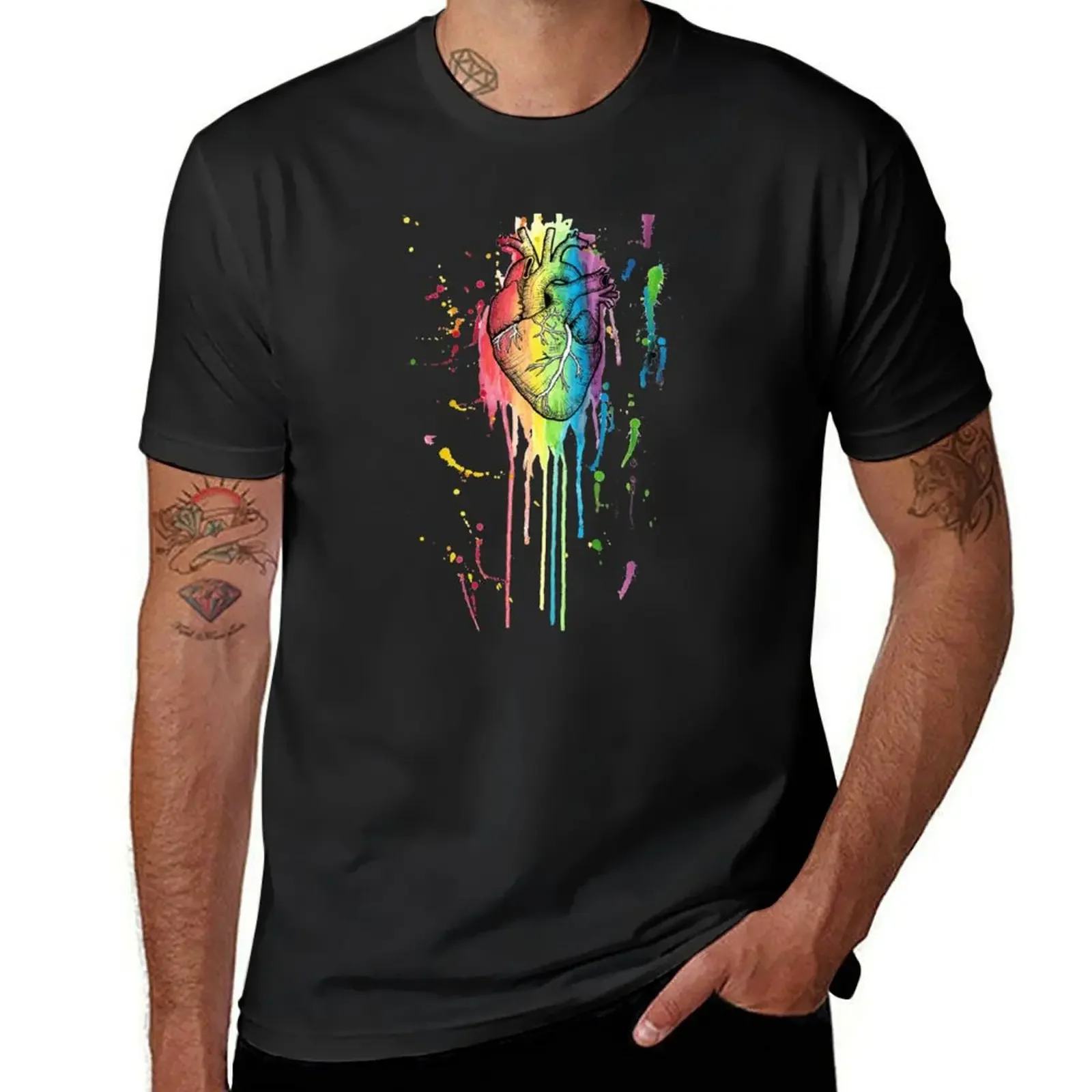 Watercolour and Pen Rainbow Anatomical Heart T-Shirt custom t shirt oversizeds anime stuff men clothings