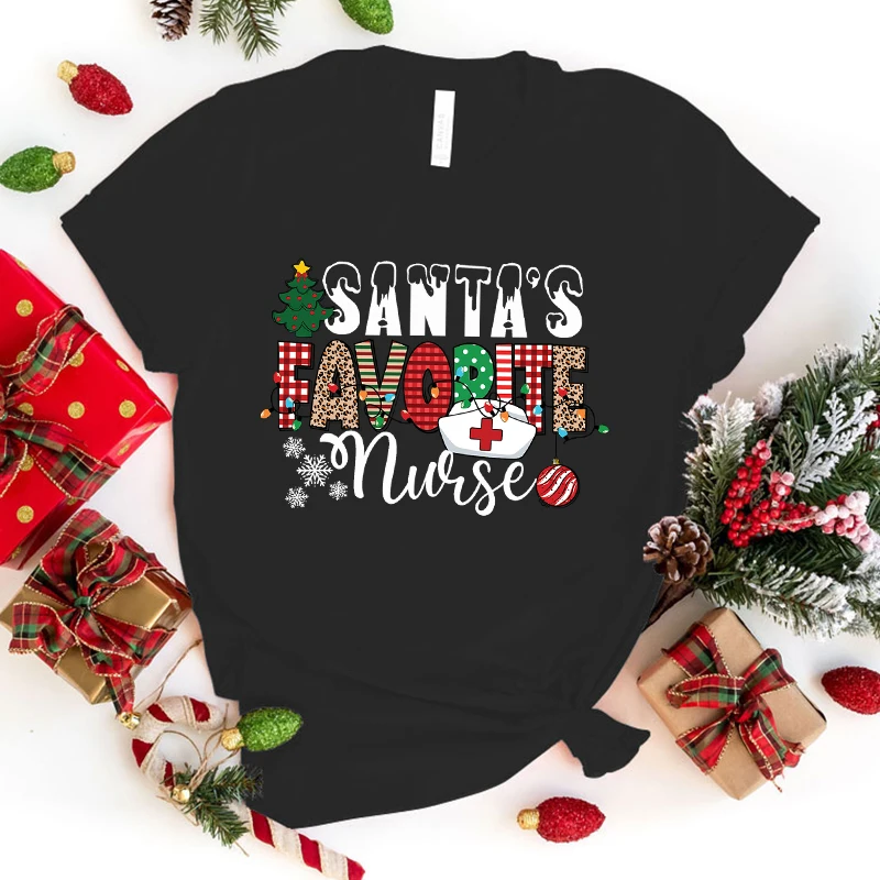 New Christmas Santa'S Favorite Nurse Graphic Print T-Shirt Women Fashion Round Neck Loose Tee Shirt Streetwear Casualharajuku T