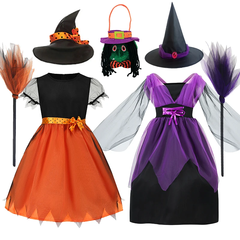

Girls Purple Long Witch Costume Set Halloween Birthday Party Fancy Dress with Mesh Details Hat&Broom Magical Vibe Wizard Outfit