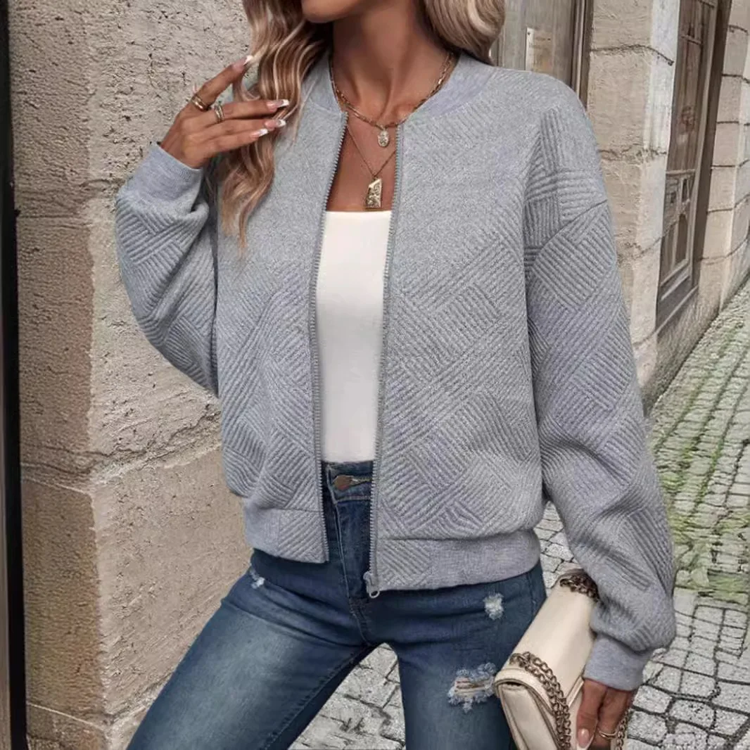 2024 independent cross-border European and American new fashionable solid color zipper jacket for women