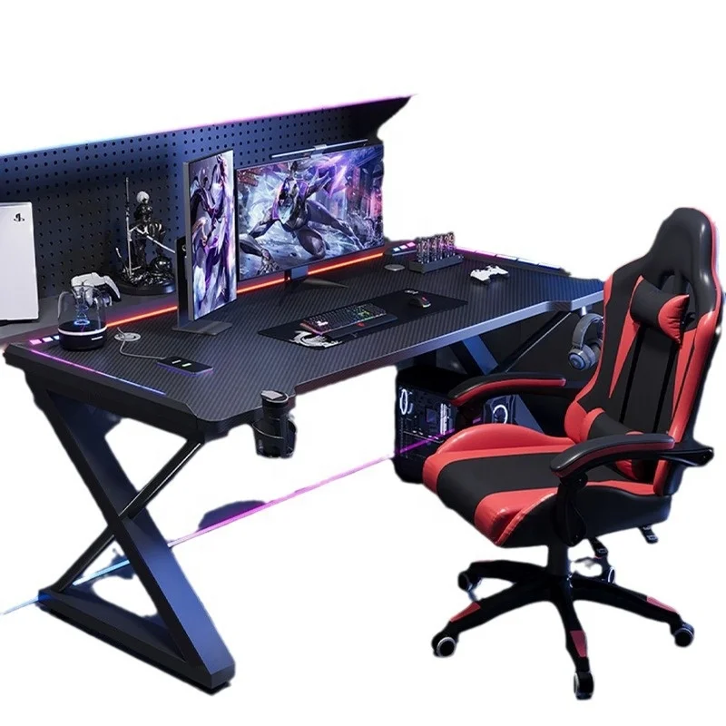 Carbon Fiber Texture Table Top RGB Ambient Light XK-shaped Carbon Steel Table Legs E-Sports Gaming Computer Desk  for Home