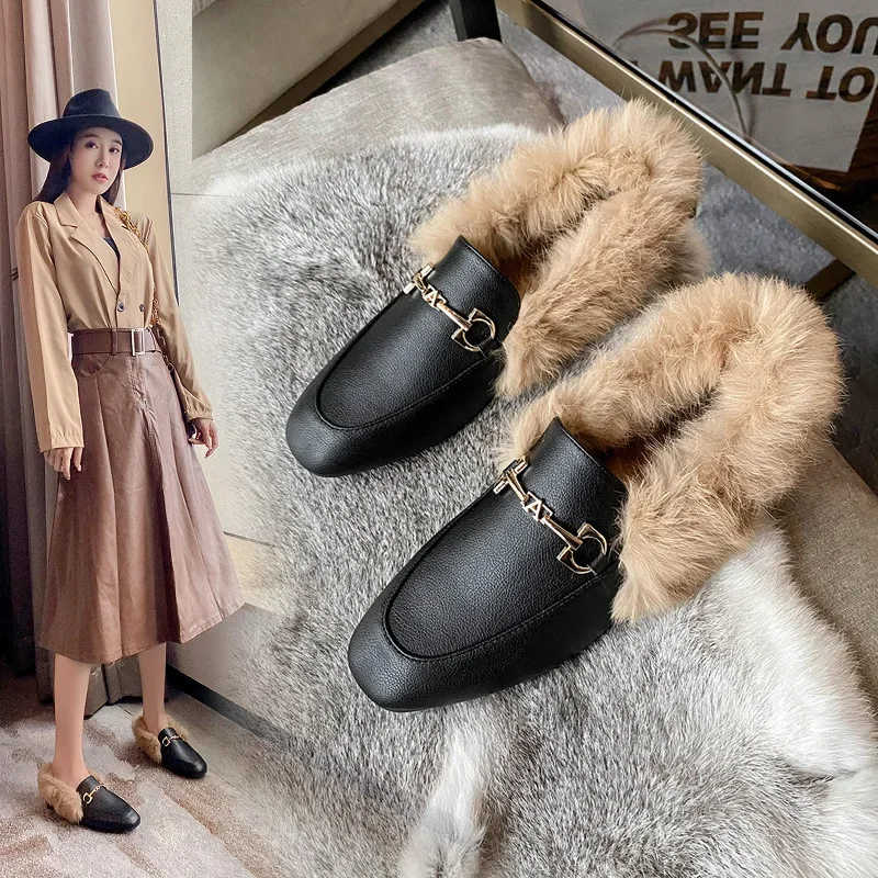 

Autumn Winter Women's Velvet Warm Rabbit Fur Leather Shoe Fashion Retro Casual Plush Flat-bottomed Women's Loafers Zapatos Mujer