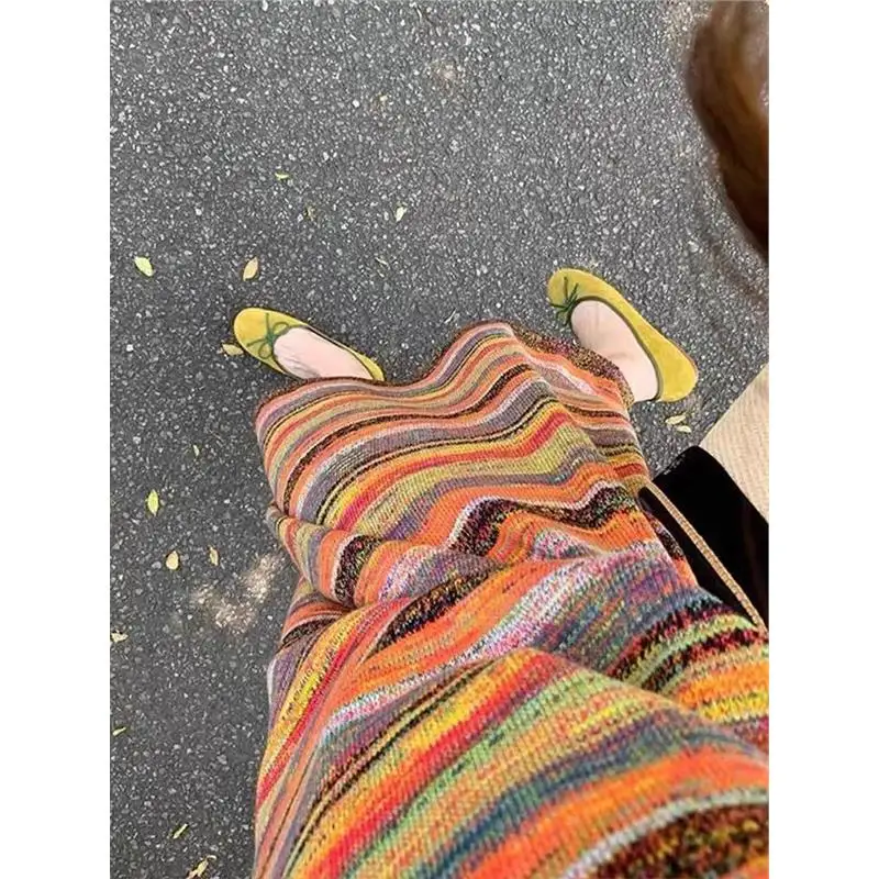 Summer Rainbow Stripes Knitted Dr Women's Beach Vaion Skirt Ultra Fairy V-ne Svel Polyester Single-piece Sle