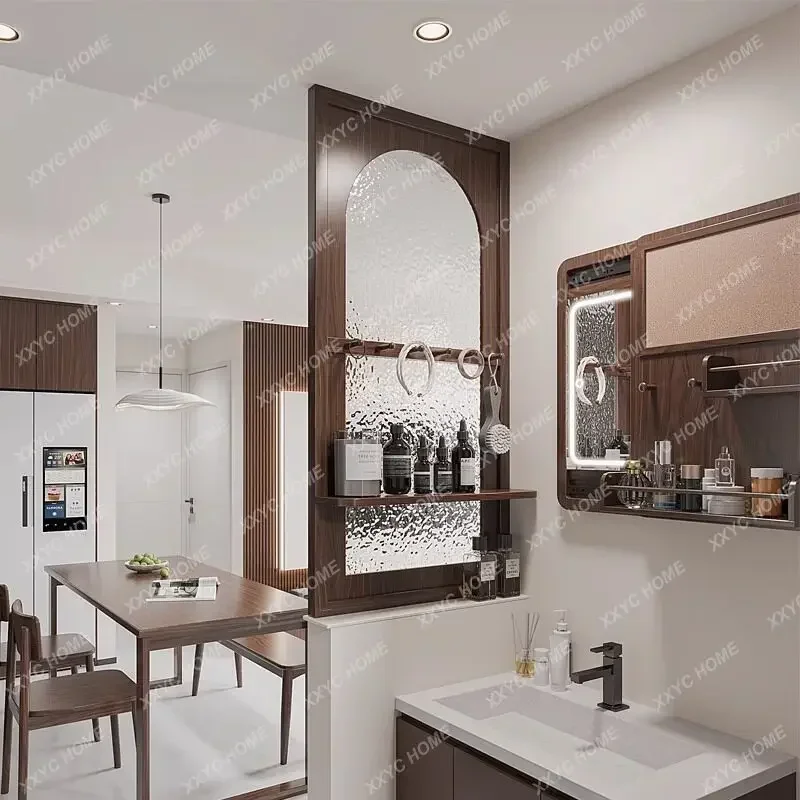 Modern simple solid wood screen rack integrated water pattern glass