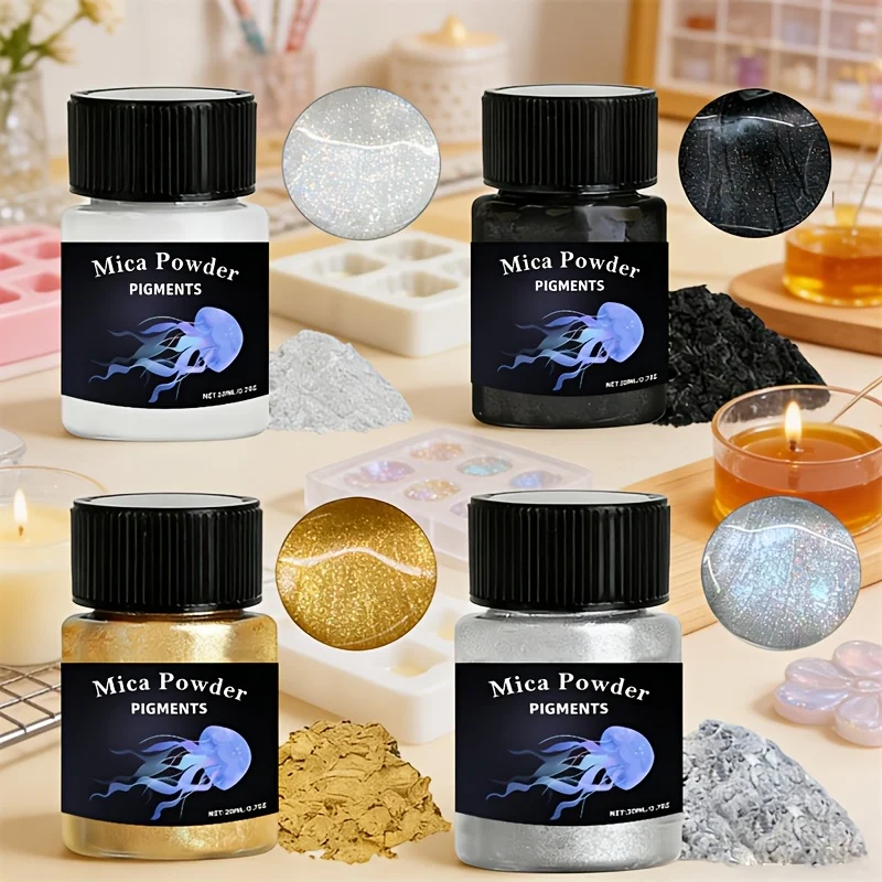4Color Holographic Mica Powder SetCosmetic Grade Resin Dye for Nail Art,Epoxy Resin,Soap Making,Candle Craft,DIY Slime&Lip Gloss