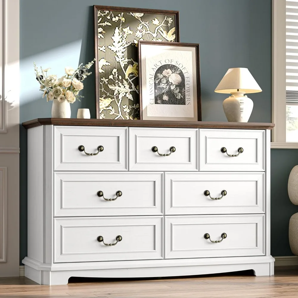 Farmhouse Dresser for Bedroom with 7 Drawer, 48 Wide Rustic Chest of Drawers with Metal Handle, Wood Vintage Dresser TV Stand, W