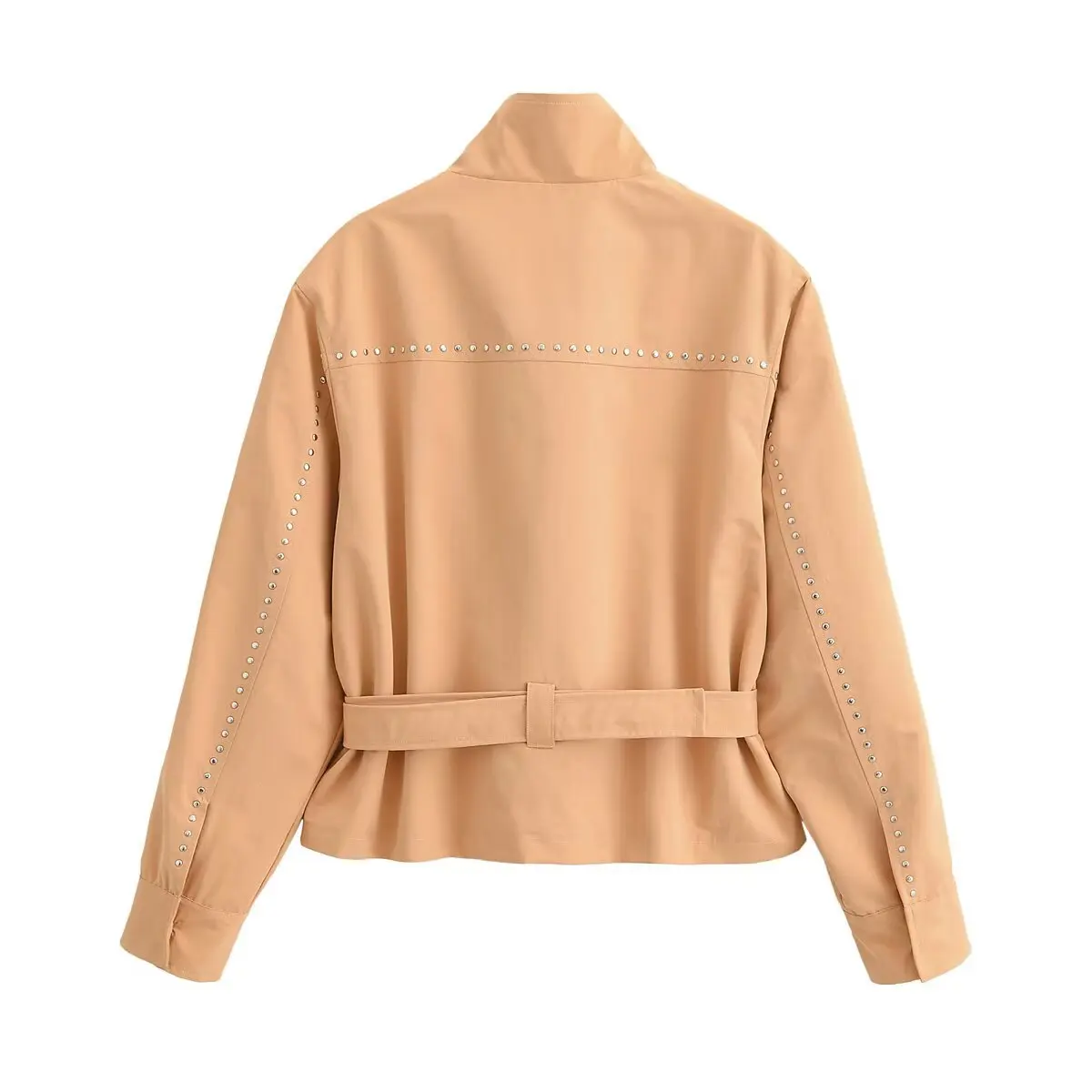 Women Khaki Rivet Stripe Decor Short Jacket High Neck Full Zipper Front D-Ring Belt Waist Slim Fit Casual Utility Coat 20260602