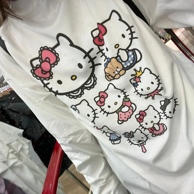 Hello Kitty Pure Cotton Cute Print Long Sleeved T-shirt Female Loose Fitting Casual Top Korean Style Simple Trend Versatile Tees