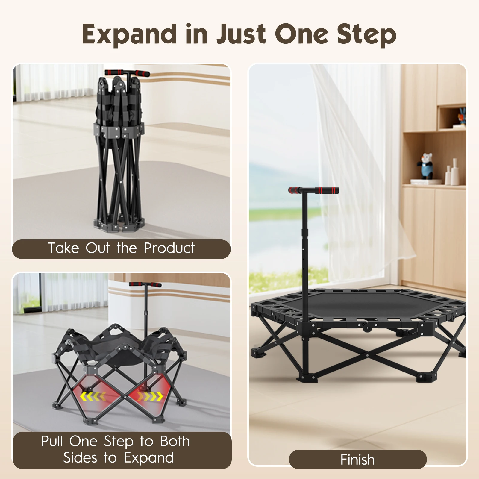 Obrázek 3: Skládací halové fitness trampolína s nastavitelný handle-stable, skromný pro celý ages, 600kg nakládat, 106cm průměr, 113cm vysoký