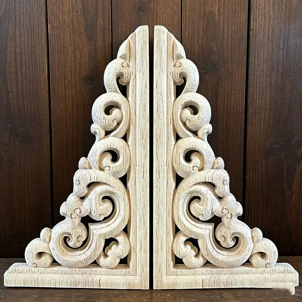 2PCS 17cm Unpainted Woodcarving Corner Decal Oak Onlay Applique Frame Home Furniture Wall Door Decor Craft Living Room