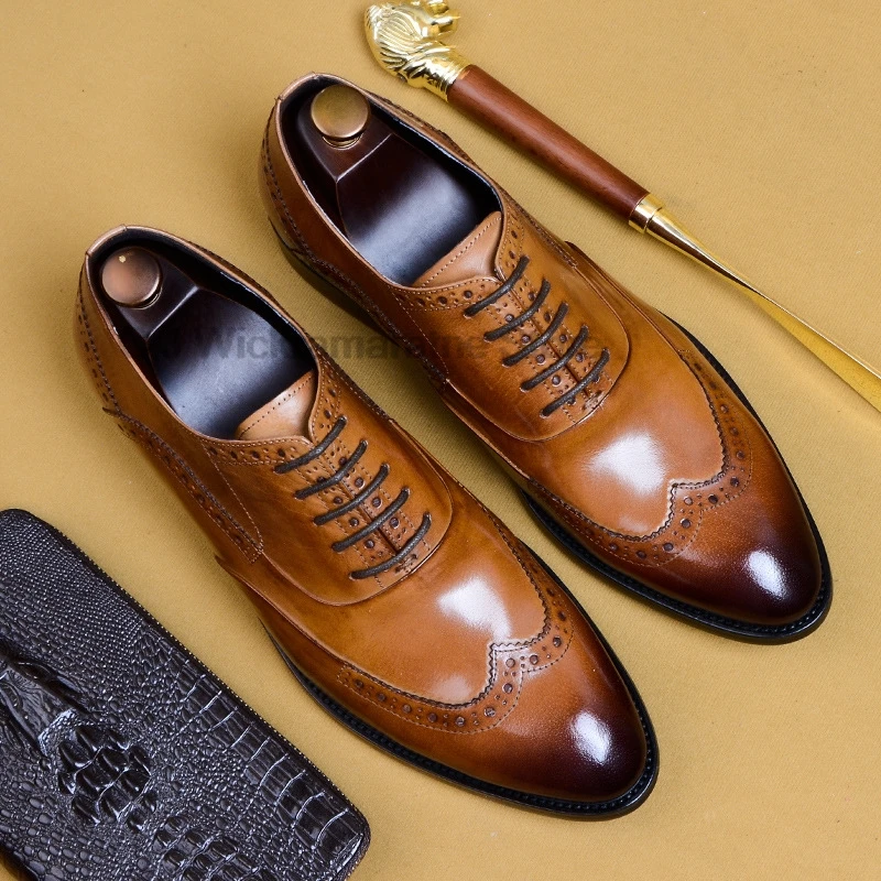 

HKDQ Luxury Mens Oxford Shoes Genuine Leather Brown Black Lace-Up Pointed Toe Office Wedding Dress Formal Brogue Shoes For Men