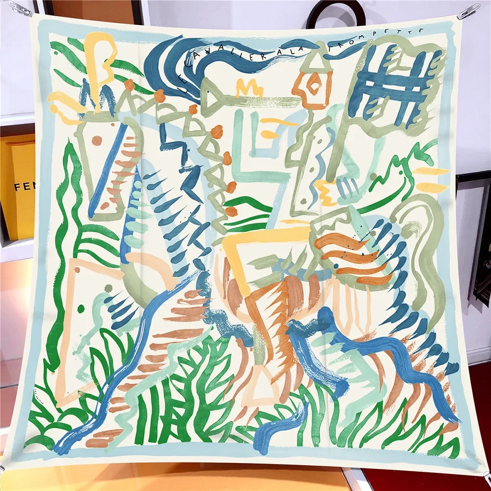 

90cm Twill Silk Scarf Shawl Luxury Graffiti Horse Print Square Scarves Women Hijabs Bandana Foulard Neckerchief Head Scarves