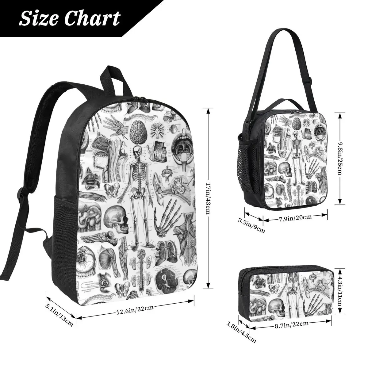 

Human Anatomy White Print Backpack Student Boy Girls BookBag School Bag Laptop Shoulder Bags 3ps Insulated Lunch Bag Pencil Case