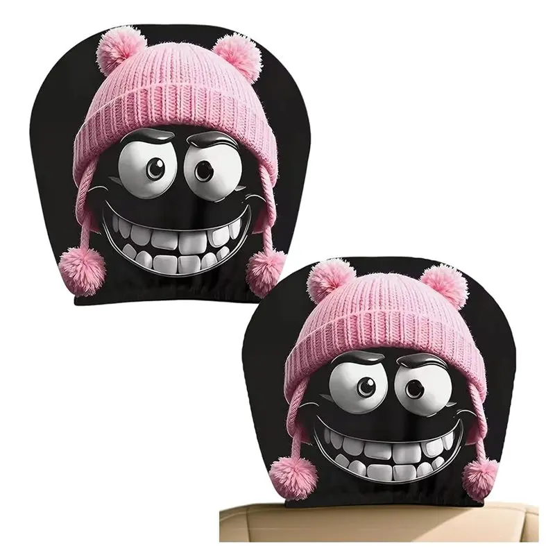 L10A Universal 4Pcs Funny Cartoon Car Headrest Covers, Cute Printed Seat Headrest Protector Auto Head Rest Cover