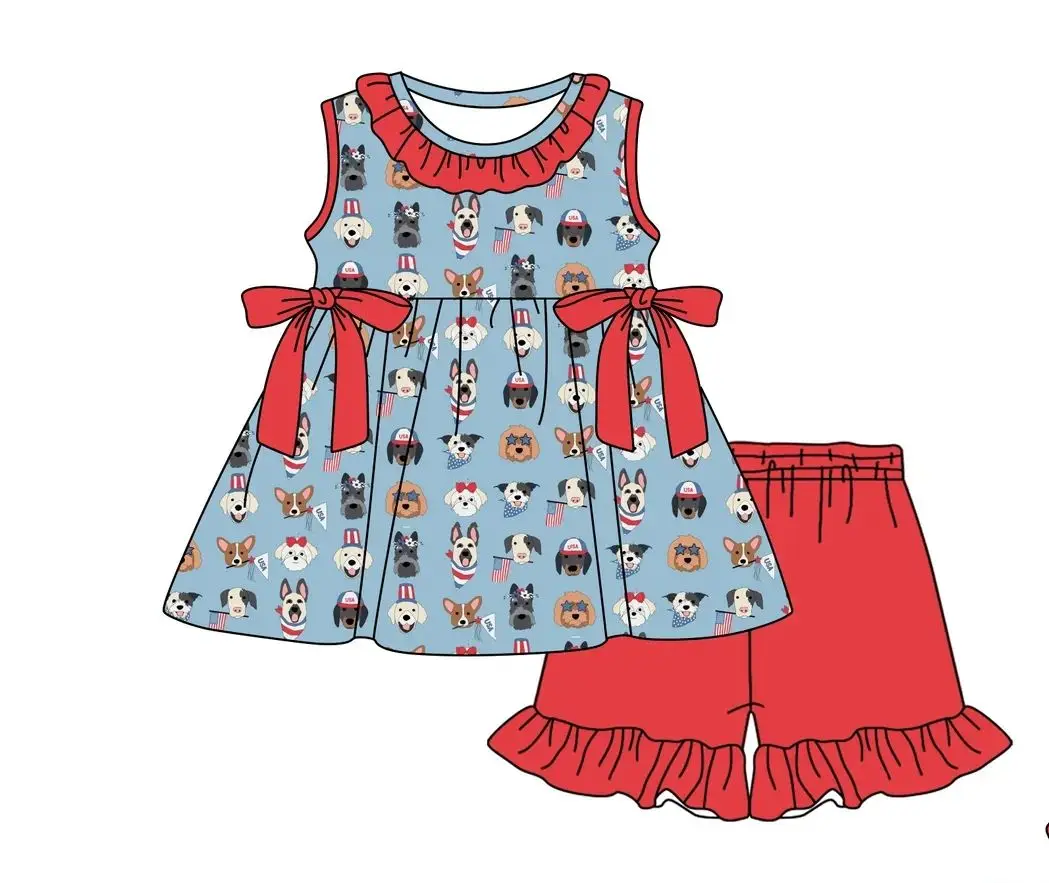 

Праздничный комплект одежды для девочек на 4 июля: топ с бантом и шорты с флагом, патриотическая тематика, летний набор