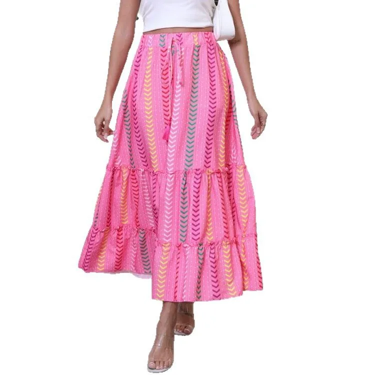 Bohemian Beach Skirt Women's Summer Cross-Border Holiday Style Mid-Waist H-Shape Printed Cotton Skirt for City Walk