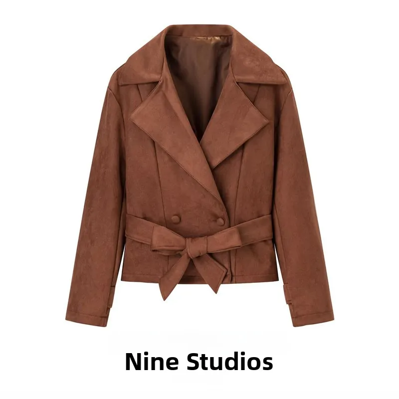 

NINE ZAR Women's Suede ort Jaet Double Breasted Suit Collar with Belt Warm Loose Fit Long Sve Autumn Coat for Ladies