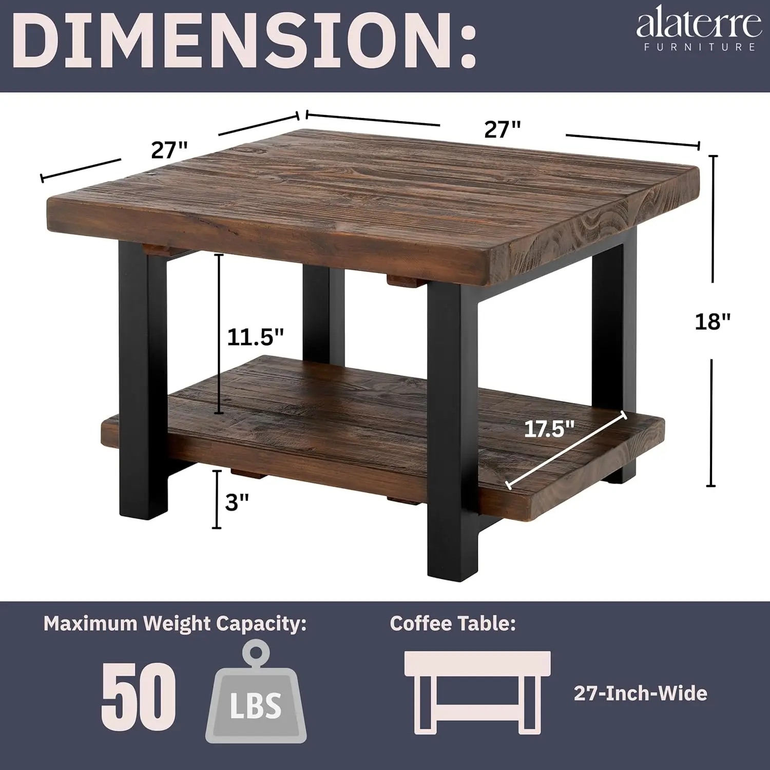 27" Rustic Square Coffee Table - Solid Pine Wood with Natural Weathered Finish & Industrial Metal Legs
