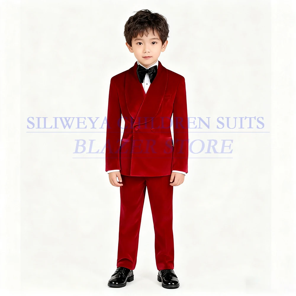 

Formal Velvet Boy's Suits Elegant Double Breasted Shawl Lapel 2 Piece Jacket Pants Festival Children Full Sets Customzied Outfit