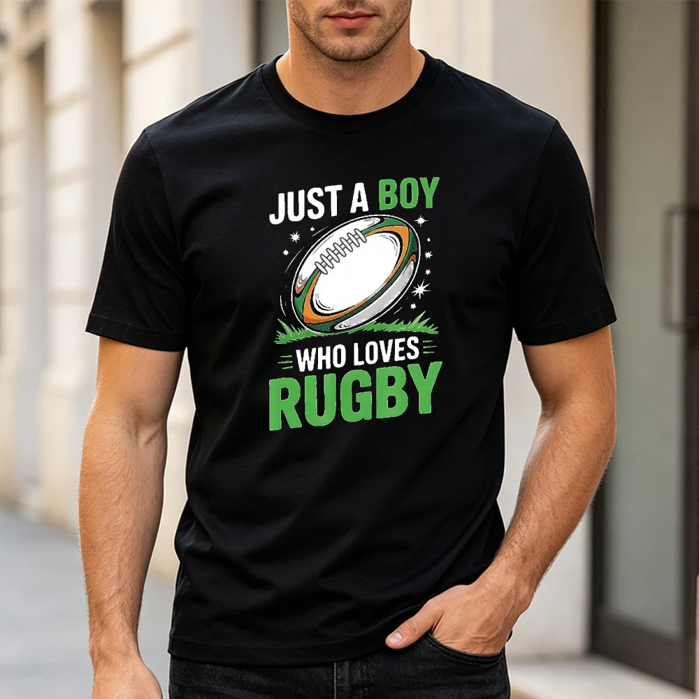 Just A Boy Who Loves Rugby Graphic Men T-shirt Rugby Ball Star Print Casual Short Sleeve Tee Youth Sportswear Summer Shirt