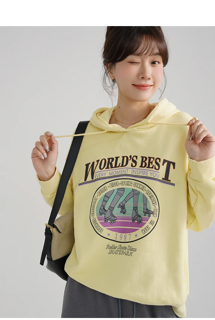 Vintage Graphic Hoodie Women Loose Fit Pullover with Drop Shoulder Design Casual Streetwear Hooded Sweatshirt for Spring 2024