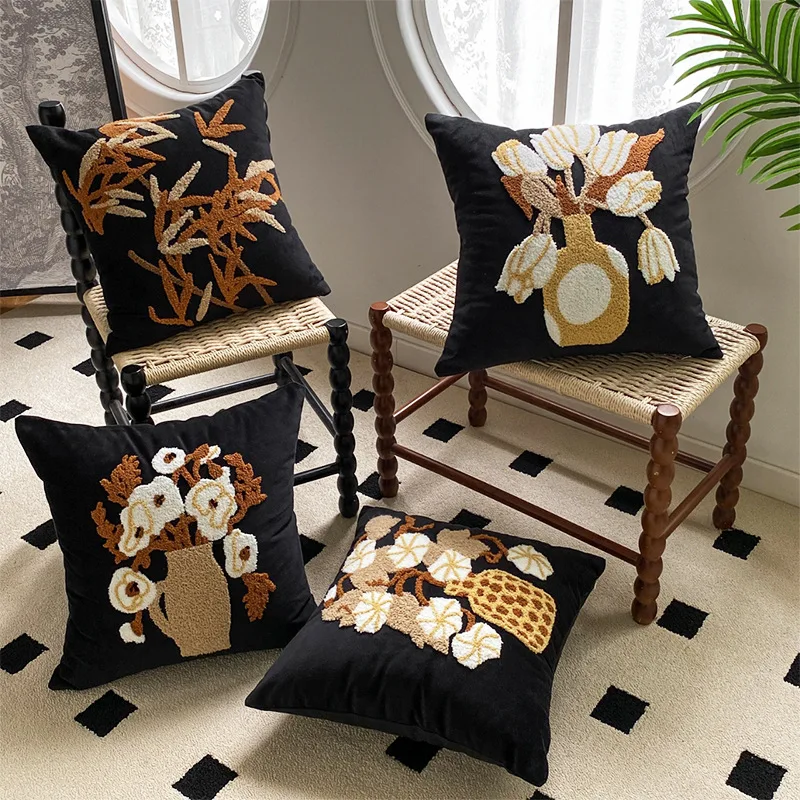 Polyester Velvet Floral Embroidery Black Throw Pillow Cover Decorative Back Cushion Cover for Sofa Office Baby Room Home Decor
