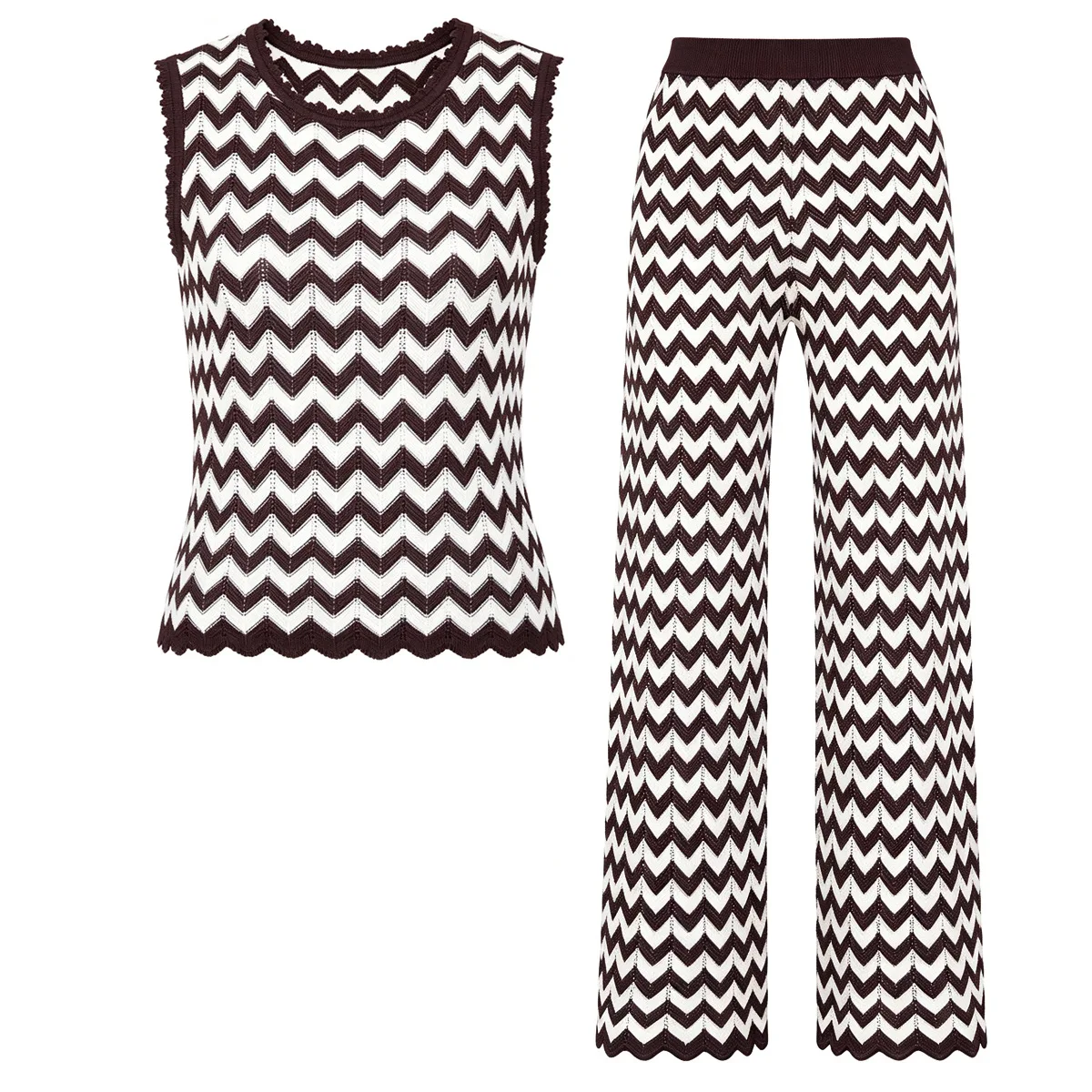 2026 Summer Lady High Quality Fashion Suit O-neck Colorblock Wavy Striped Sleeveless Vest Regular Pants Women Casual Knits 2pcs