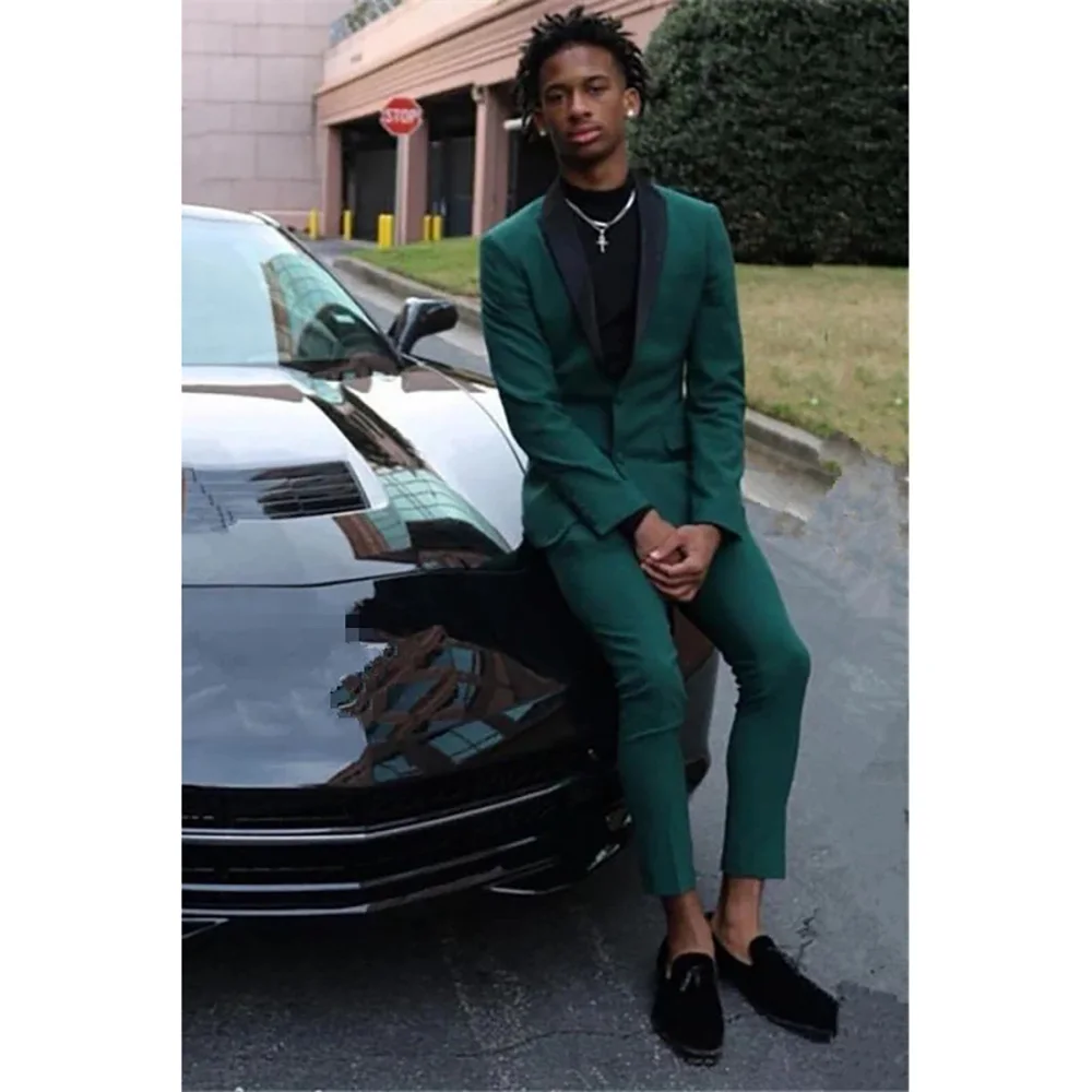 

Slim Fit Green Single Breasted Bespoke Men Suits Formal Prom Party Outfits Skinny 2 Piece Jacket Pants Set Male Clothing Blazer
