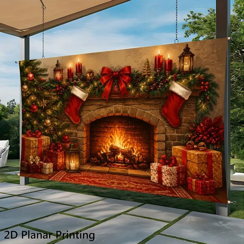 VIKAMA Xmas Fireplace Tapestry Cozy Xmas Candle Stocking Wall Art Holiday Backdrop for Party Bedroom Living Decor