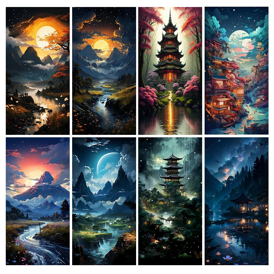 Moon Scenery Mountains Rivers Diamond Painting Large Size Landscape Temple Castle Full Mosaic Embroidery Kits Rhinestone Picture