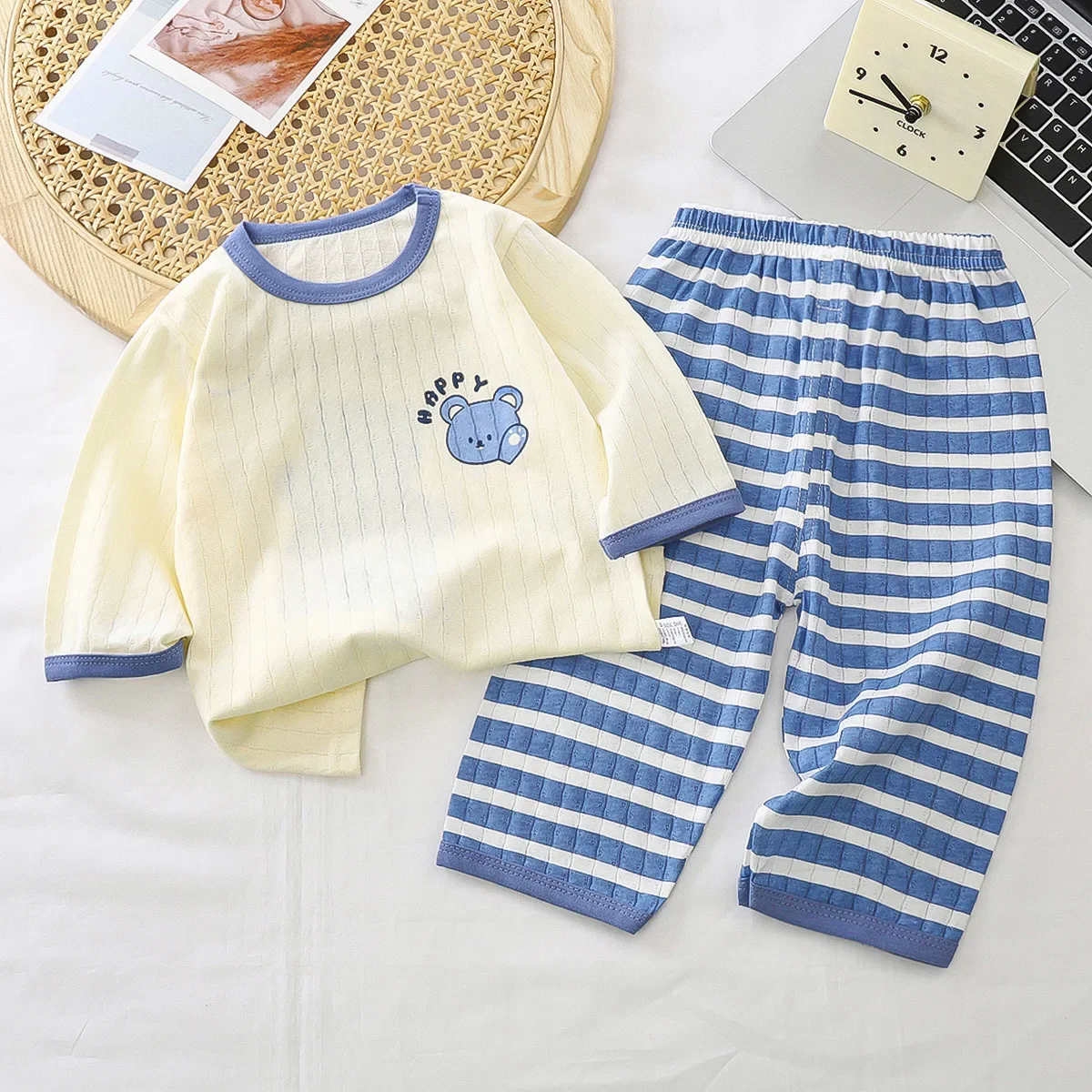 New 2024 Boys Girls Pure Cotton Cute Cartoon T-Shirt Tops + Striped Pants Kids Summer Thin Clothing Sets Baby Pajamas Loungewear