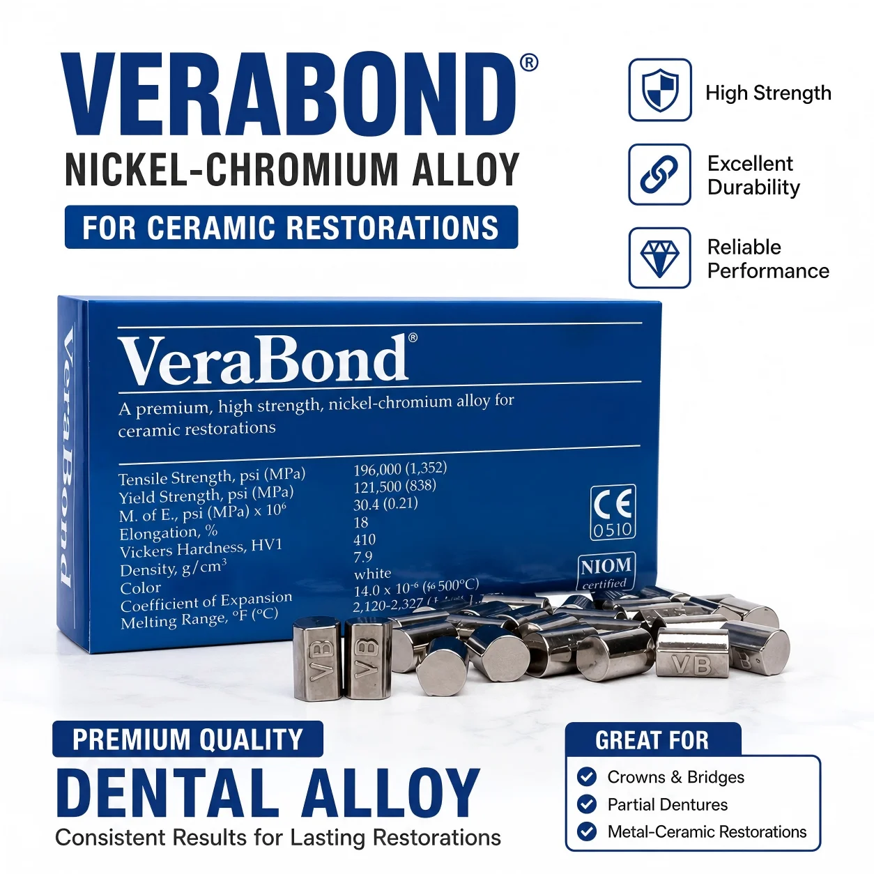 1 Box VeraBond Ni-Cr Ceramic Alloy, High Strength PFM Metal for Crown & Bridge, Beryllium-Free Dental Lab Alloy